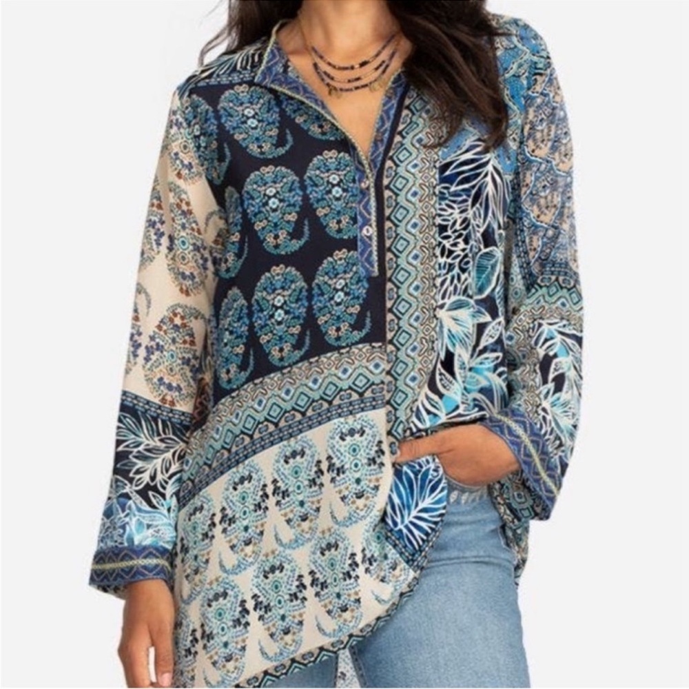 Johnny Was Blue & Cream Patchwork Paisley Button-Front Blouse